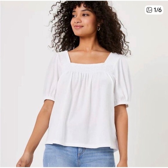 LOFT Tops - LOFT‎ White Smocked Square Neck Puff Sleeve Textured Blouse Size XXL